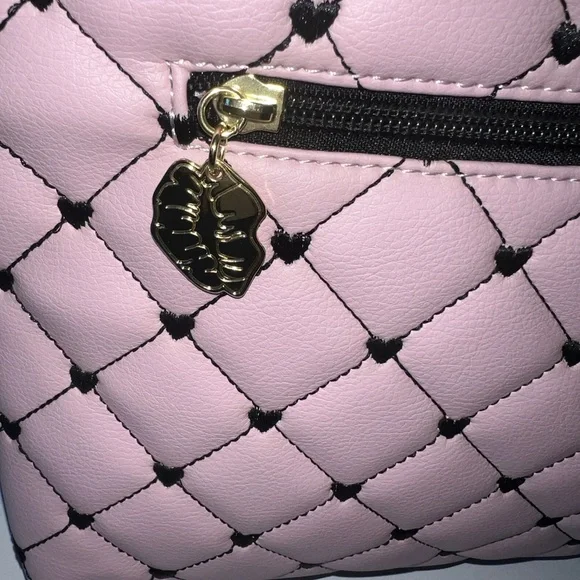 NWT Luv Betsey by Betsey Johnson Pink Quilted Backpack with Black Hearts - Picture 5 of 12